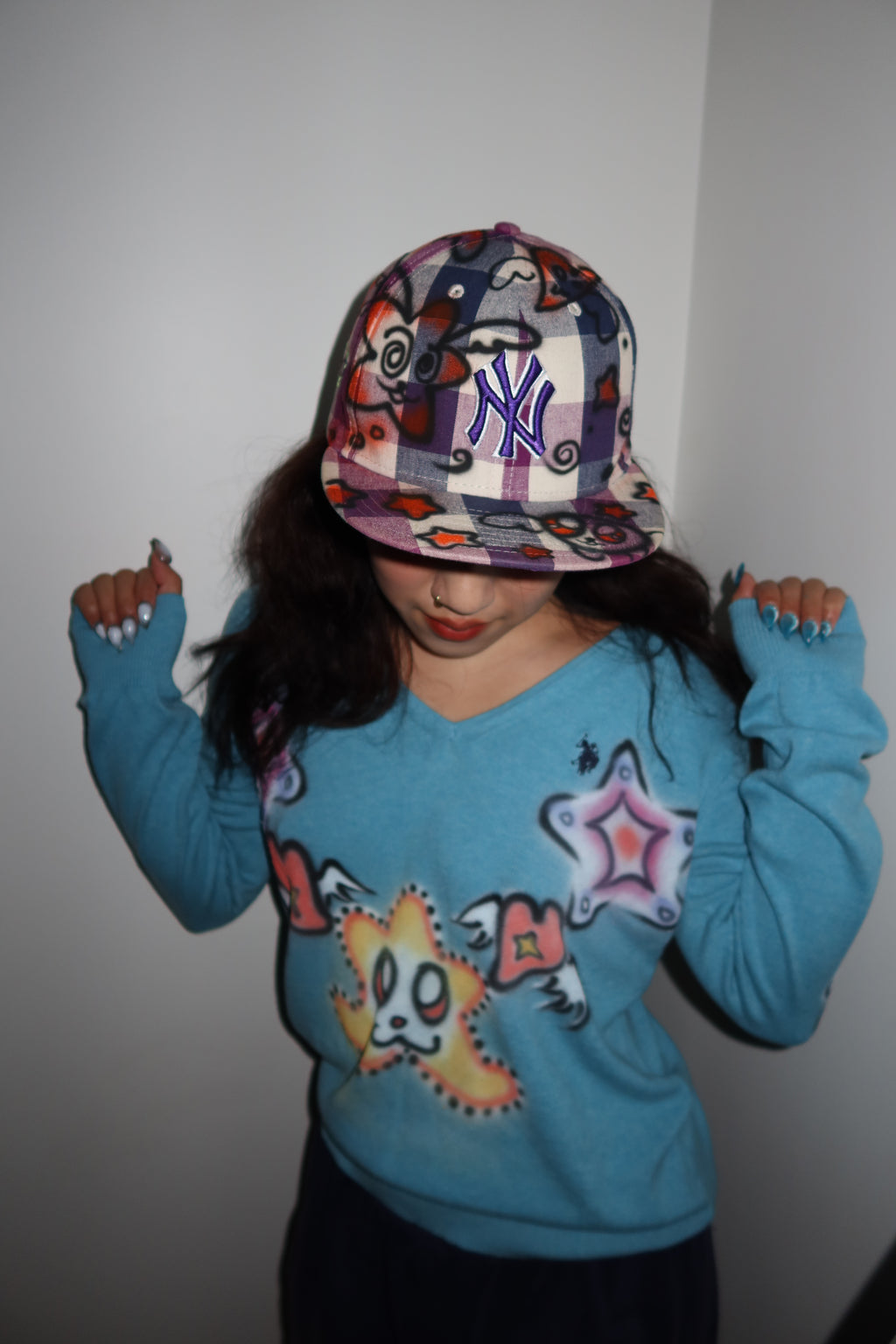 009 Airbrush Purple Plaid Fitted Hat