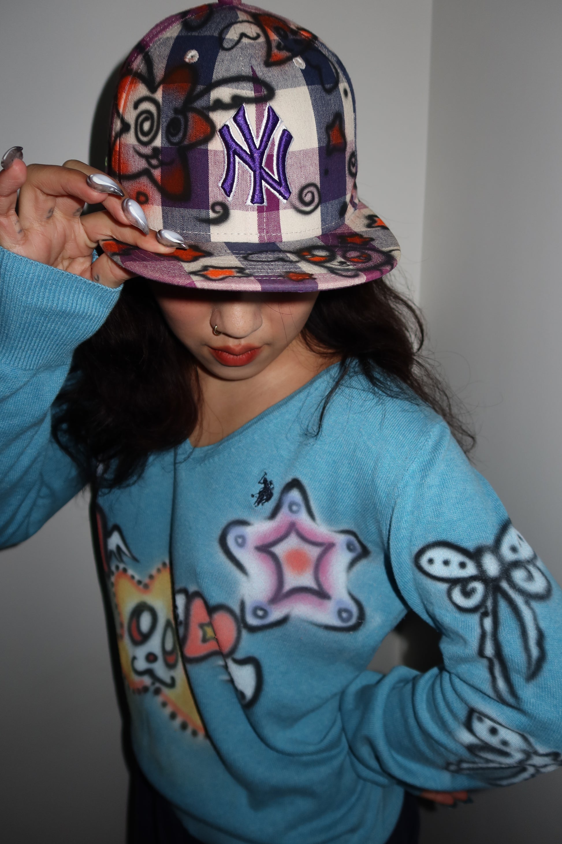 009 Airbrush Purple Plaid Fitted Hat