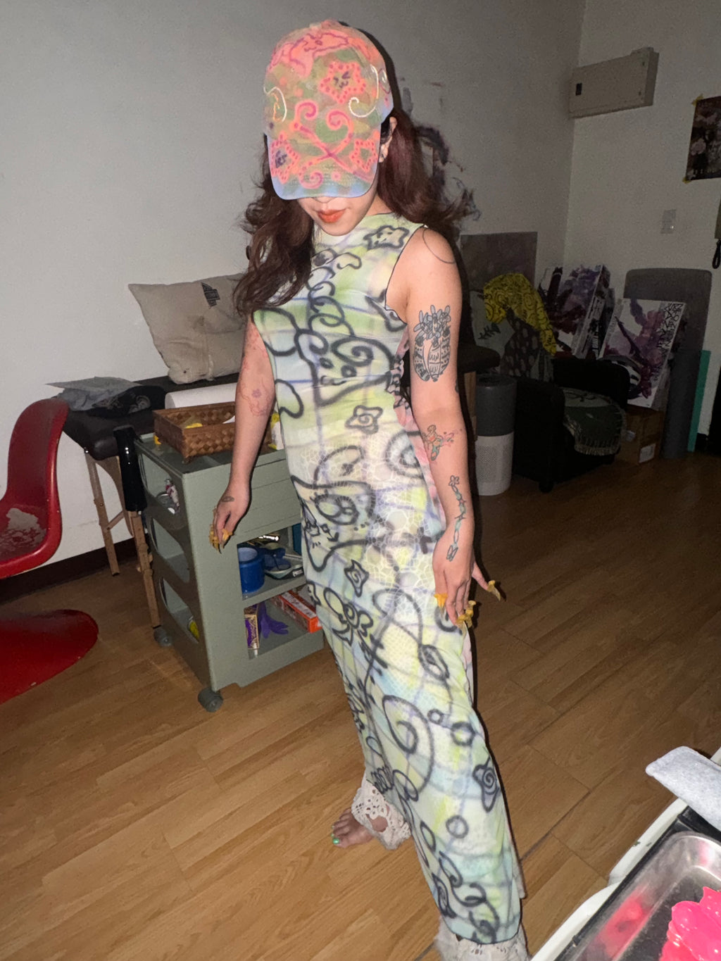 Mesh Sleeveless Maxi Dress - Plaid